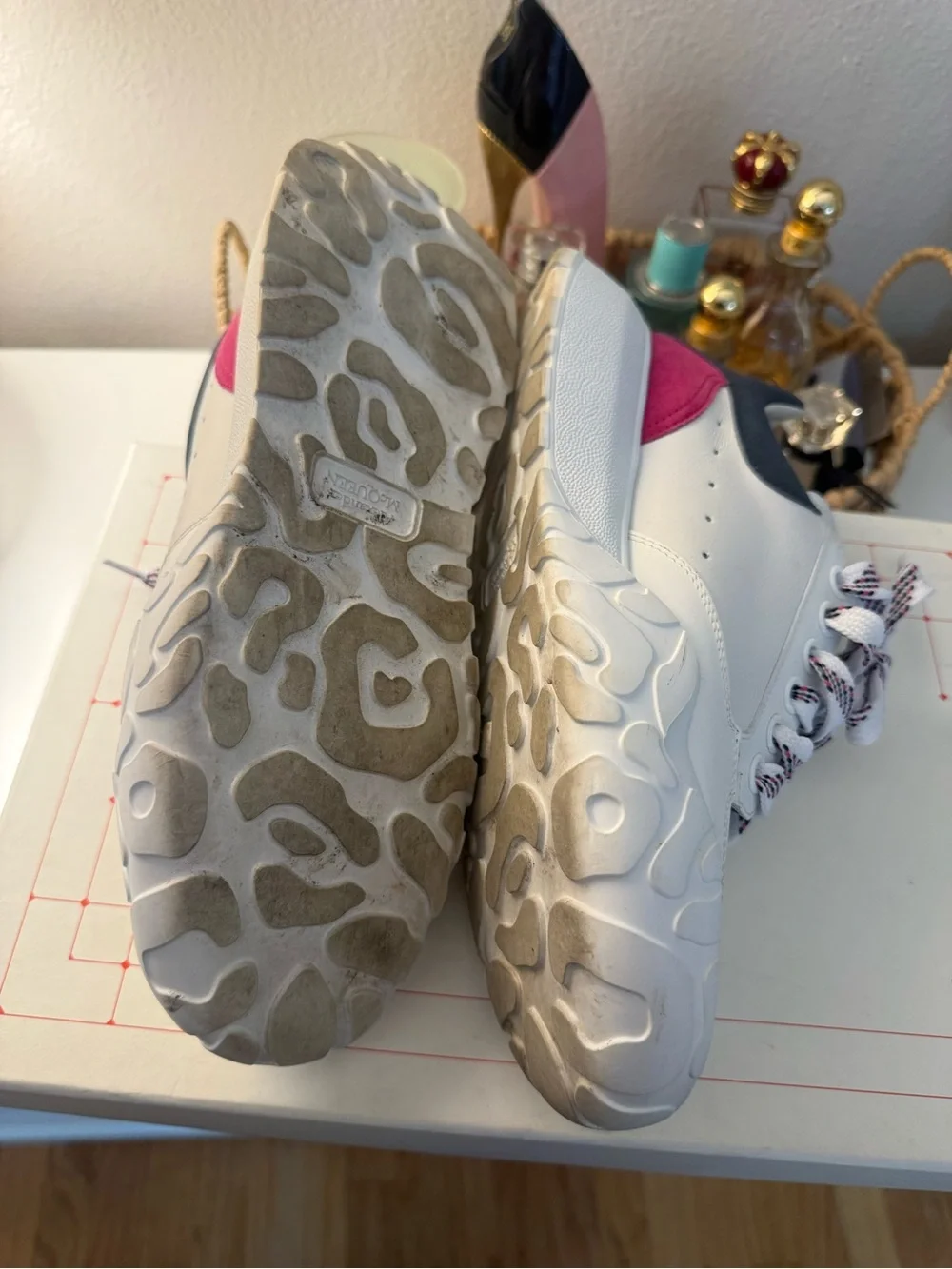 White Women's Chunky Lace-Up Sneakers with Pink